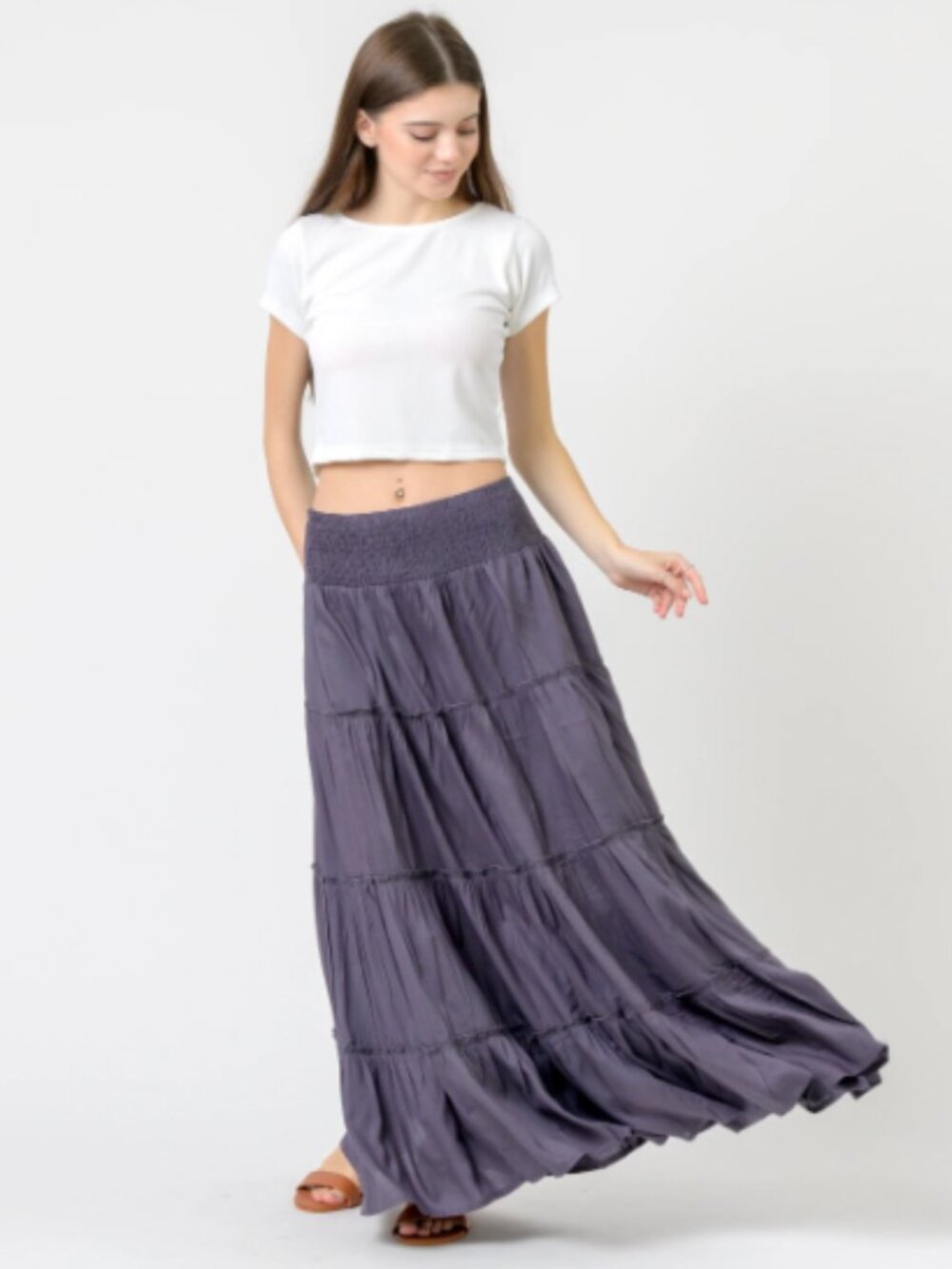 32.) Rhea Plain Block Tiered Skirt